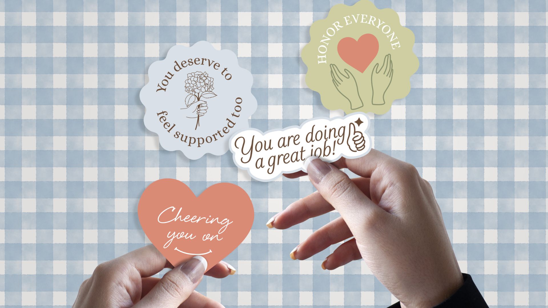 A collection of branded stickers featuring hydrangeas, icons, and color elements from Jillian Dolberry’s gentle brand design.