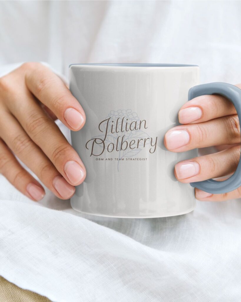 Ceramic mug mockup featuring Jillian Dolberry’s gentle brand design, with soft colors and hydrangea details for a cozy, branded touch.