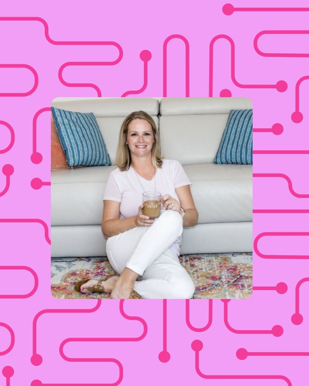 Beth Kocol, founder of Studio 320, pictured against a bold pink brand pattern that reflects the vibrant, energetic style of her new brand.