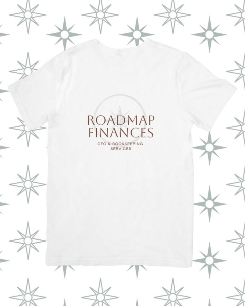 Minimal white t-shirt featuring the Roadmap Finances logo, designed to show how the brand identity translates seamlessly to apparel and merchandise.