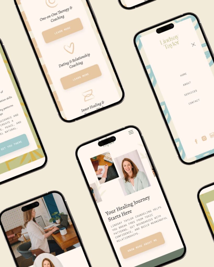 Mobile phone mockup displaying the Lindsay Taylor counseling brand services page, optimized for an easy client experience.