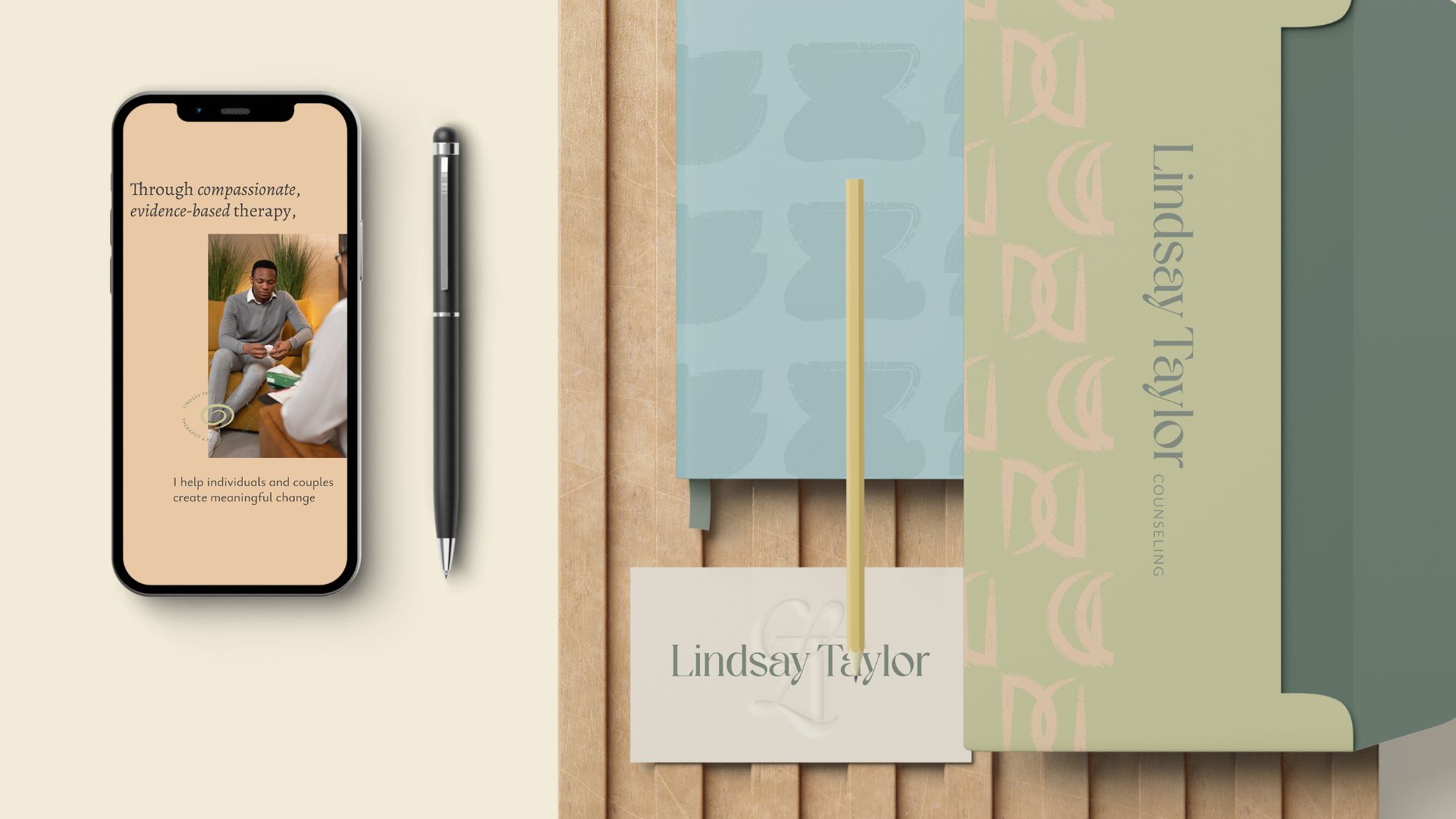 Stationery mockup with letterhead and branded details, highlighting the polished identity of Lindsay Taylor Counseling.