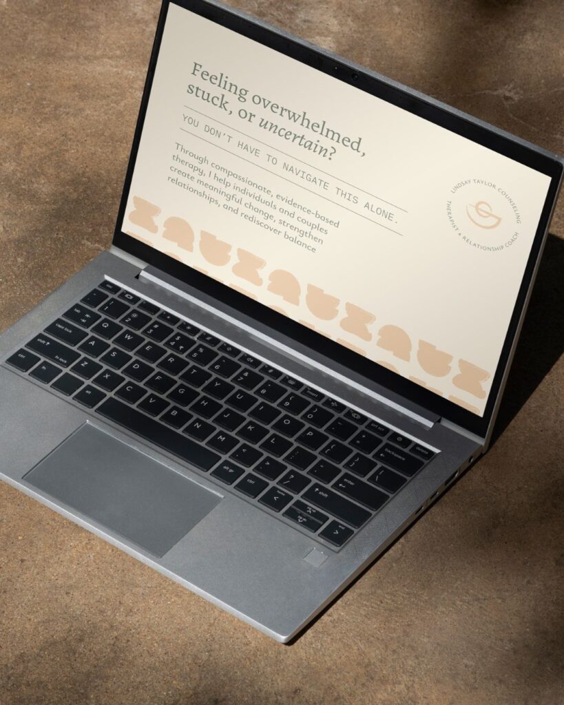 Laptop mockup displaying the homepage of the Lindsay Taylor counseling brand, designed to feel professional yet approachable.
