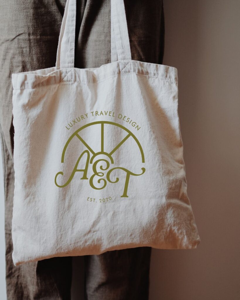 Anywhere Everywhere Travel logo printed on a natural canvas tote bag.