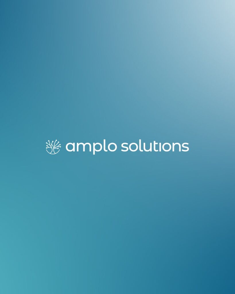 Amplo Solutions logo design mocked up on a blue gradient background