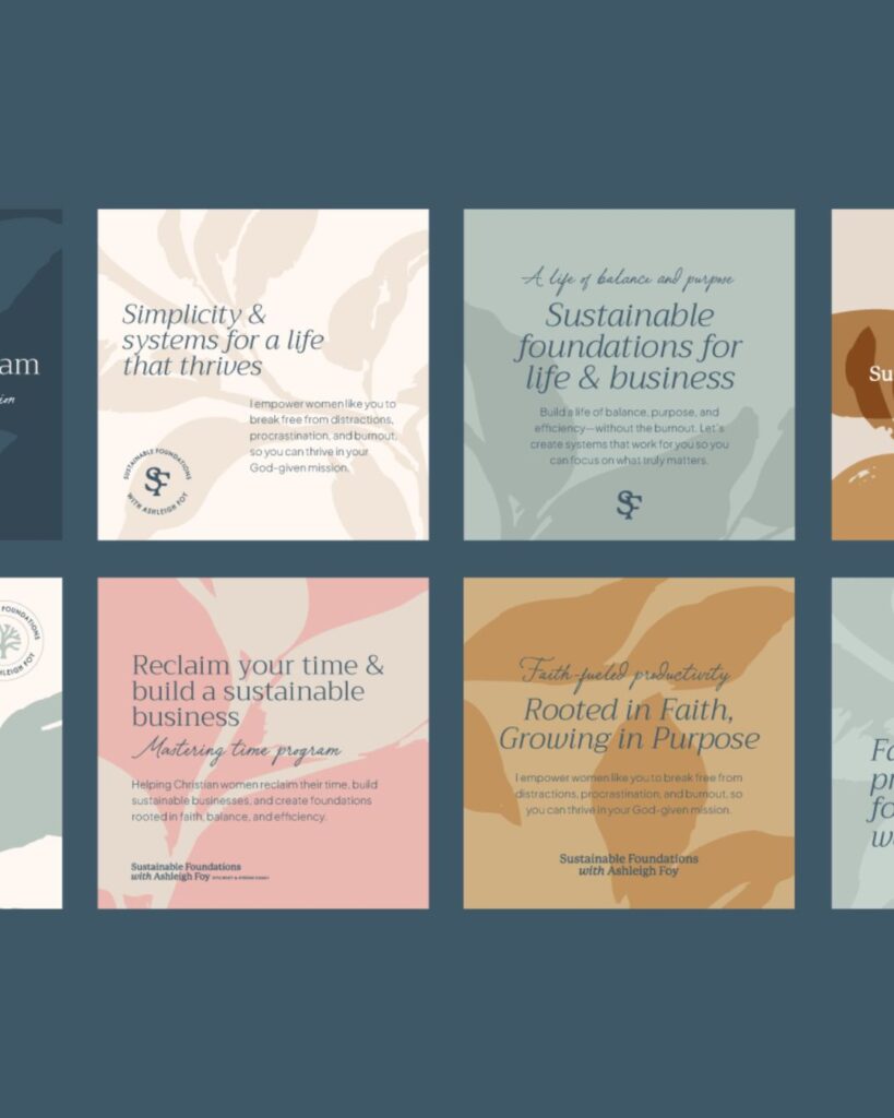 Modern square business card featuring the Sustainable Foundations logo, reflecting grounded and elegant brand design for entrepreneurs.