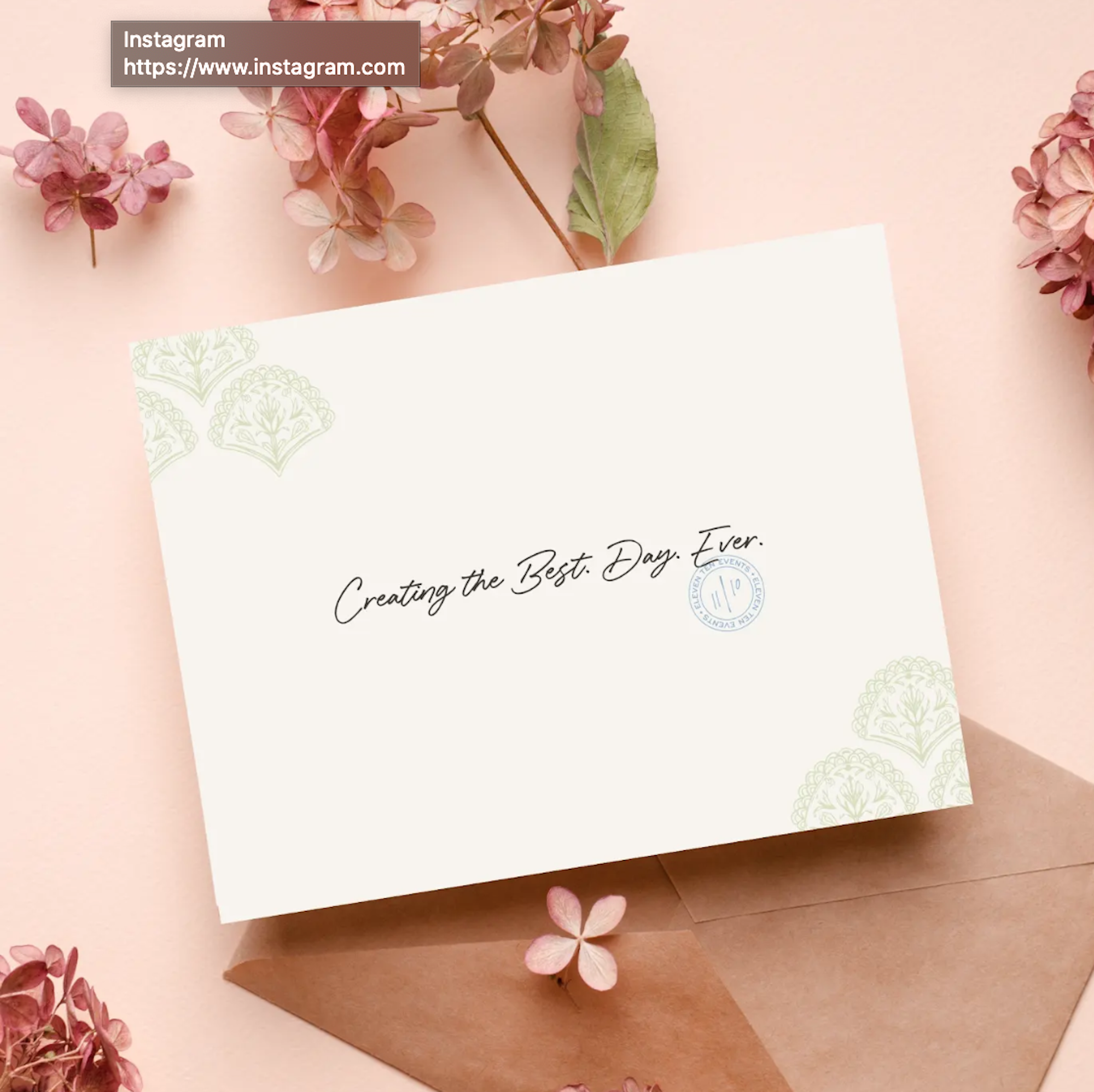 Branded note card with a delicate pattern and the words "Creating the Best Day Ever"