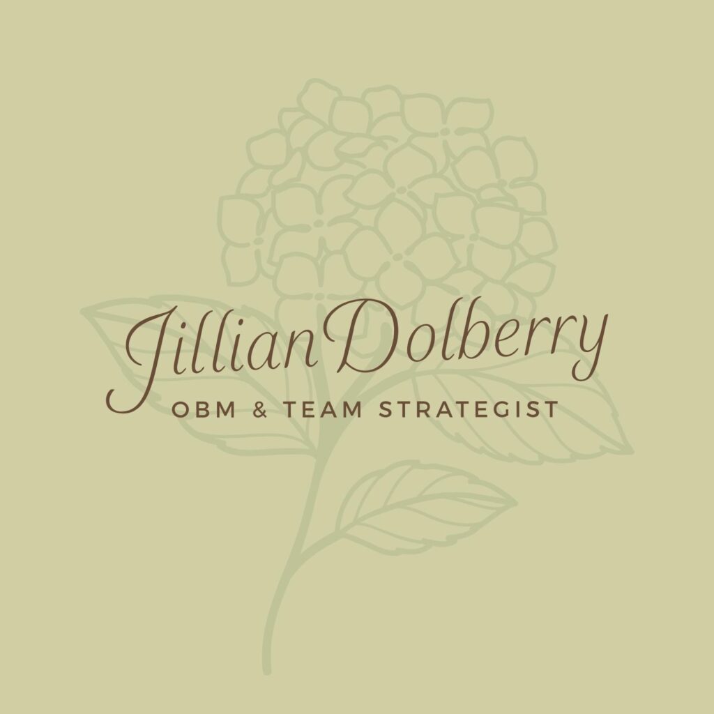 Jillian Dolberry logo presented as a digital mockup on a soft sage green background featuring a stylish and elegant logo over the brand icon.