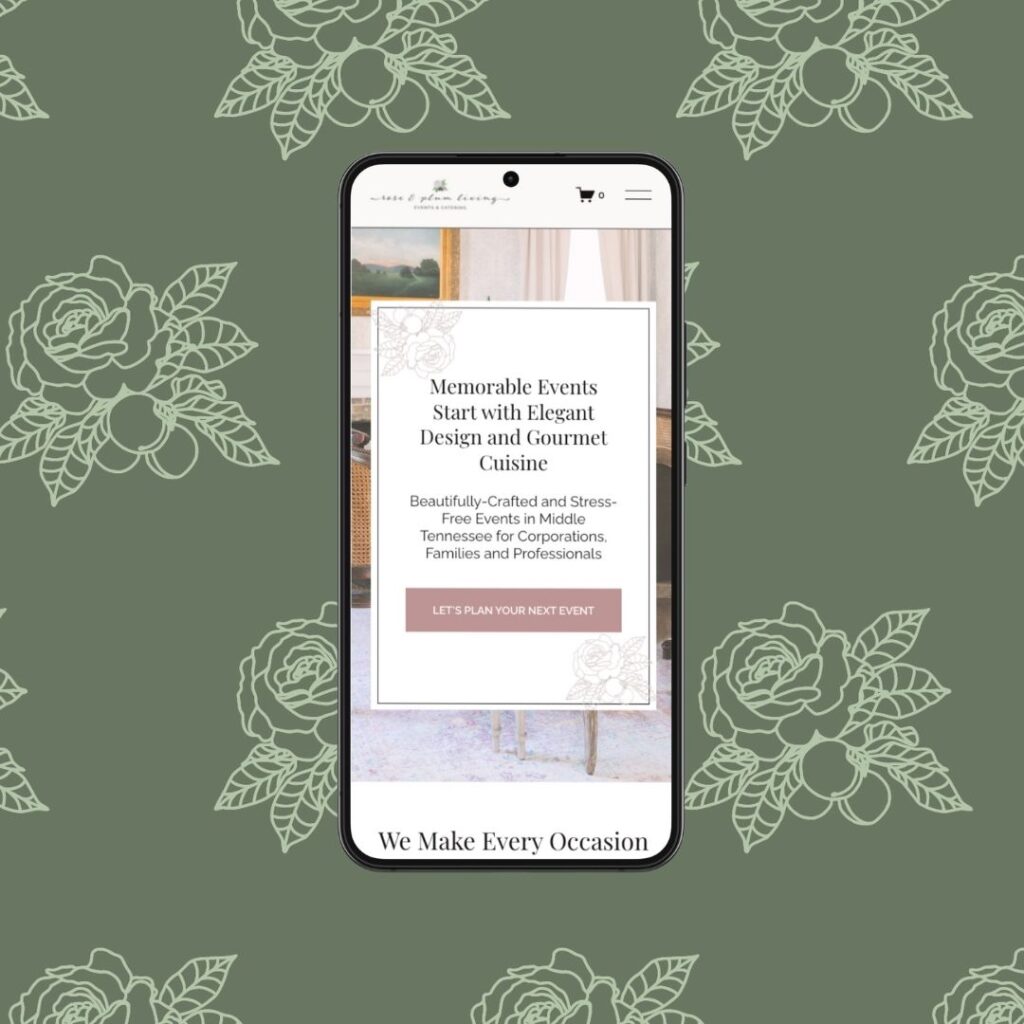 Rose & Plum mobile website on an iphone over a delicate, green floral pattern