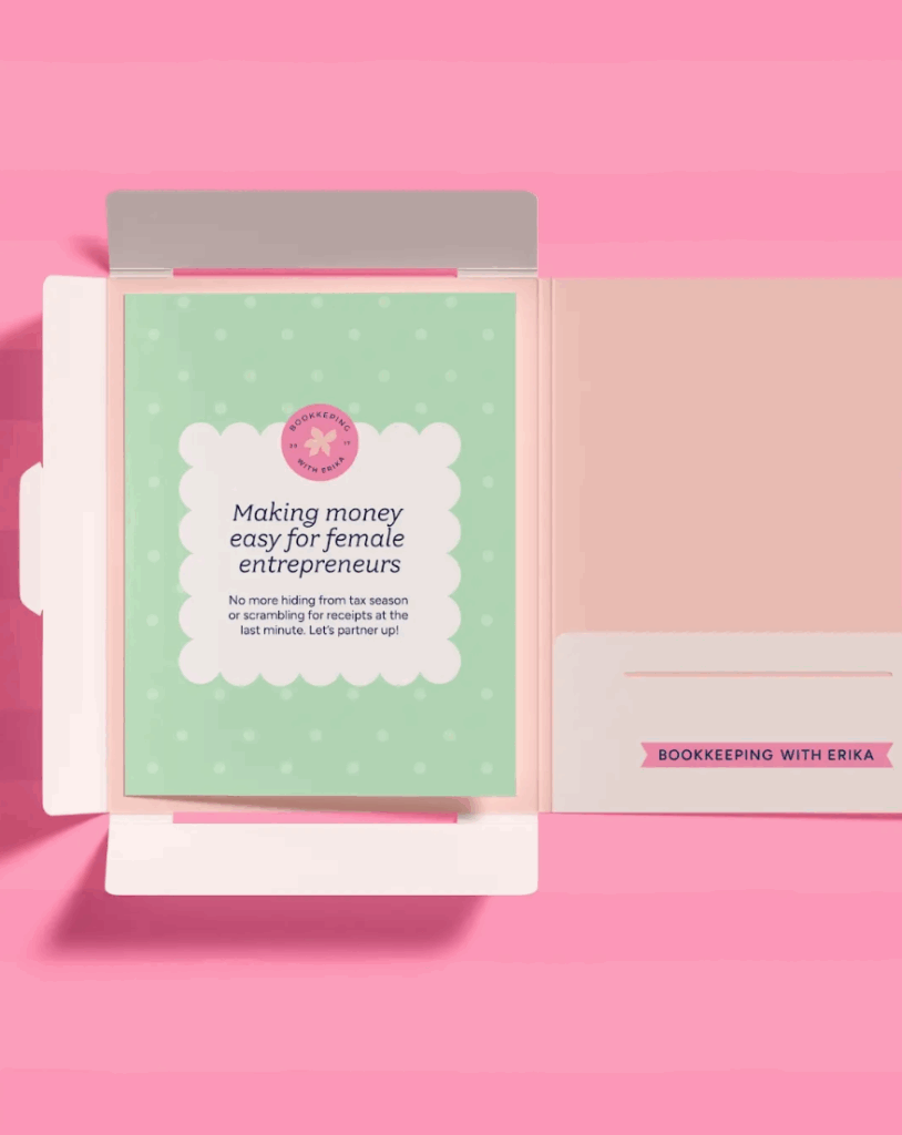 Folder open with a colorful piece of paper and "Bookkeeping with Erika" logo.