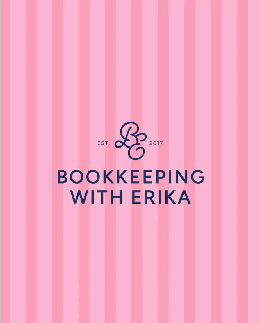 Pink striped background with initials "BE" in a script font and the words "Bookkeeping With Erika"