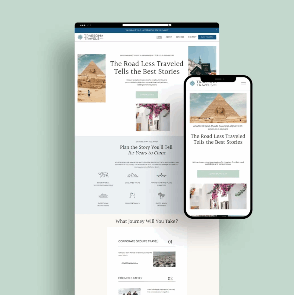 Travel brand website on a soft green background